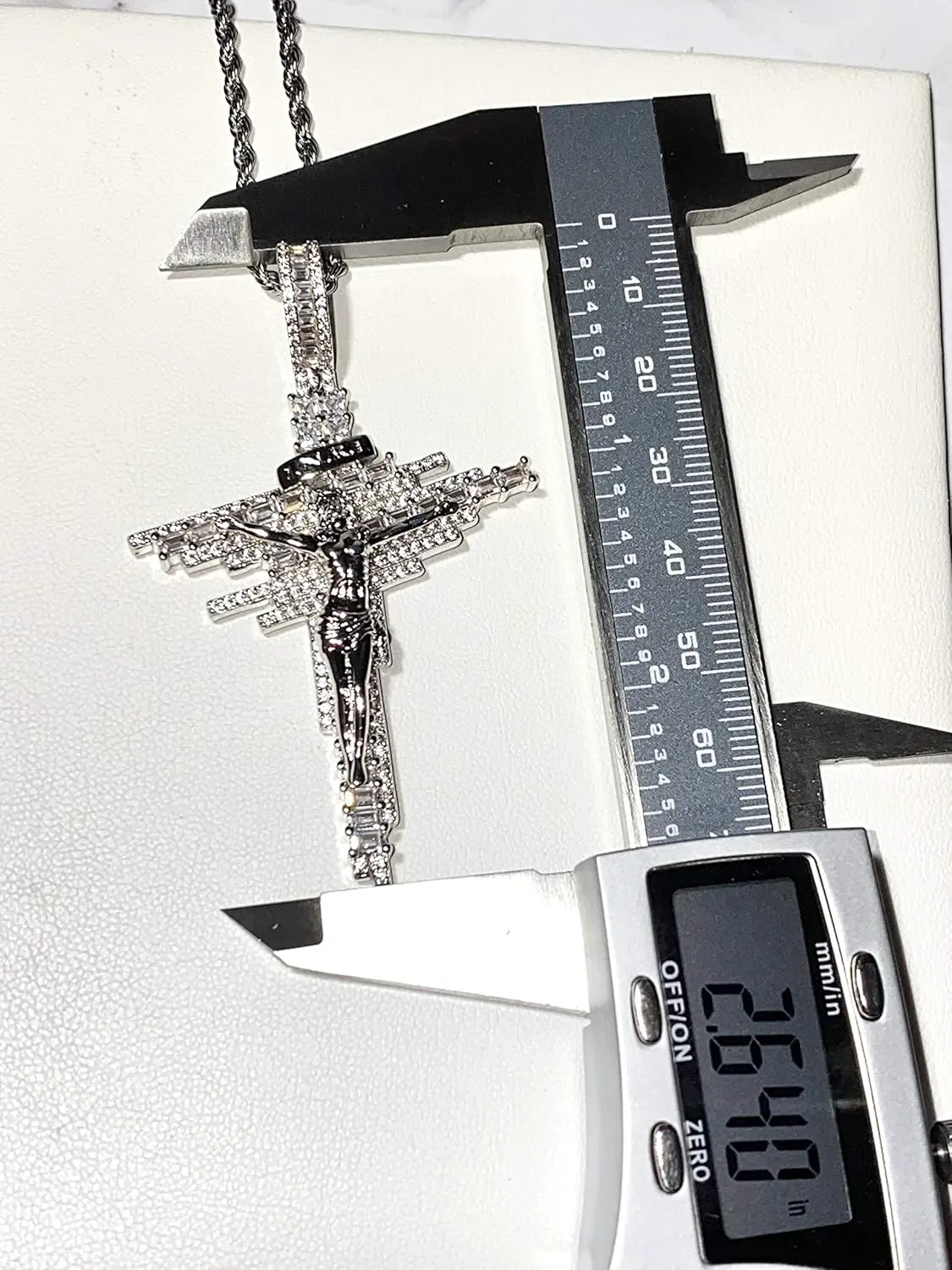 Custom JESUS CROSS Crucifix Iced Out Diamond cz Necklace Men Women 925 Italy Gold Finish Iced Silver Charm Ice Out Pendant Stainless Steel Real 3 mm Rope Chain, Iced Pendant, Rope Necklace