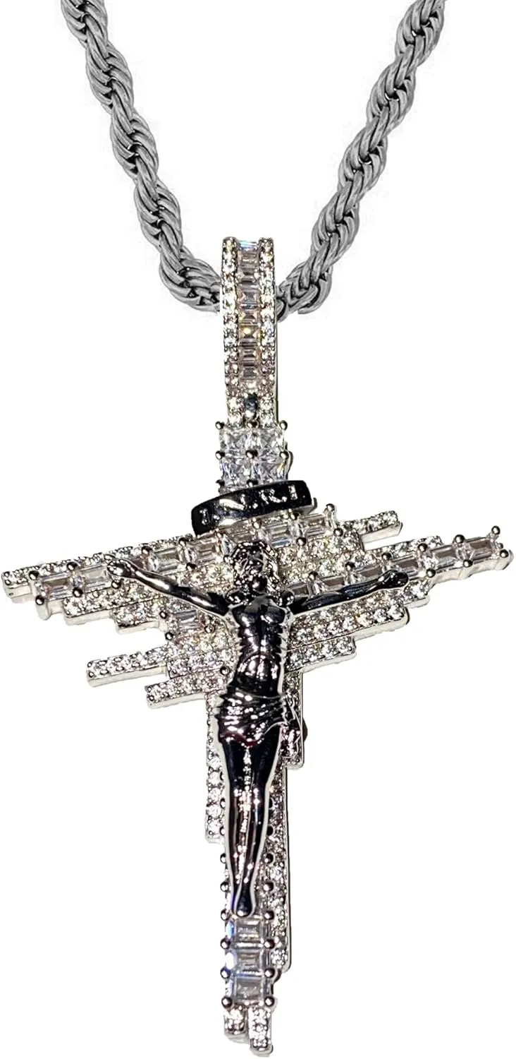 Custom JESUS CROSS Crucifix Iced Out Diamond cz Necklace Men Women 925 Italy Gold Finish Iced Silver Charm Ice Out Pendant Stainless Steel Real 3 mm Rope Chain, Iced Pendant, Rope Necklace