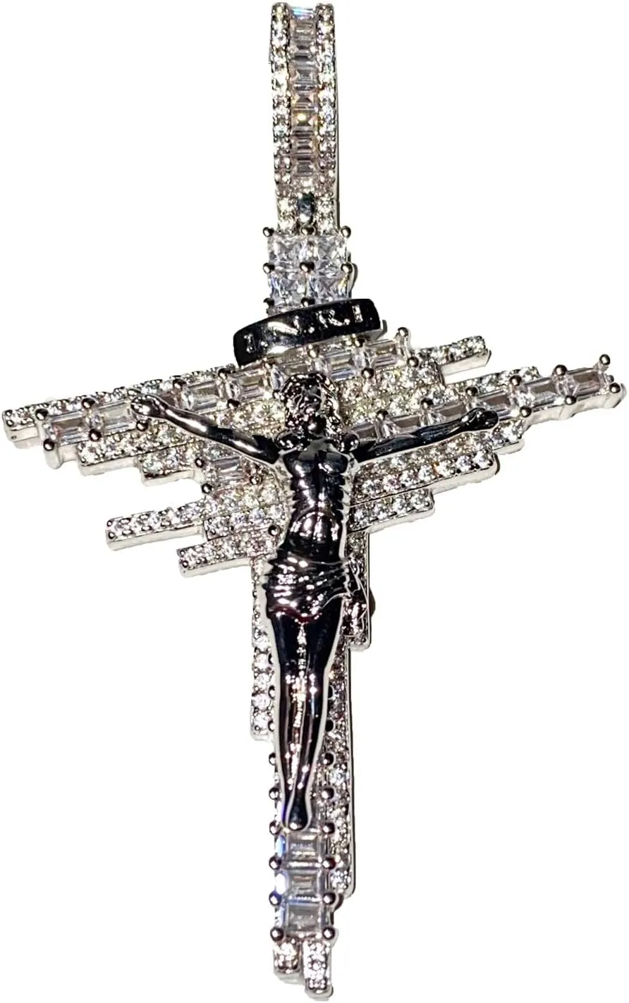 Custom JESUS CROSS Crucifix Iced Out Diamond cz Necklace Men Women 925 Italy Gold Finish Iced Silver Charm Ice Out Pendant Stainless Steel Real 3 mm Rope Chain, Iced Pendant, Rope Necklace