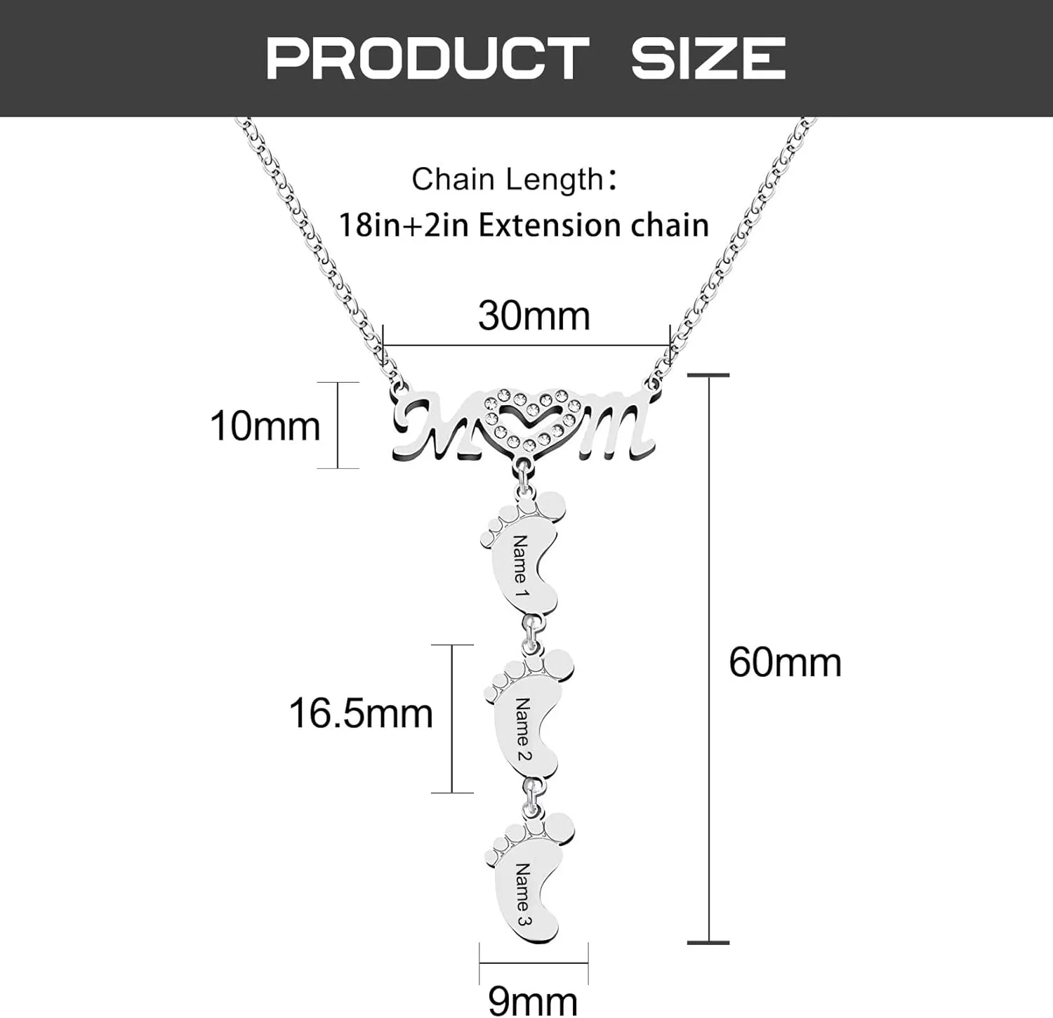 Custom Personalized Mom Heart Symbol Pendant Necklace with Child Name Feet Charms Necklace Customize Engraved Name Baby Feet Pendant Necklace Gifts for Wife Women Mother