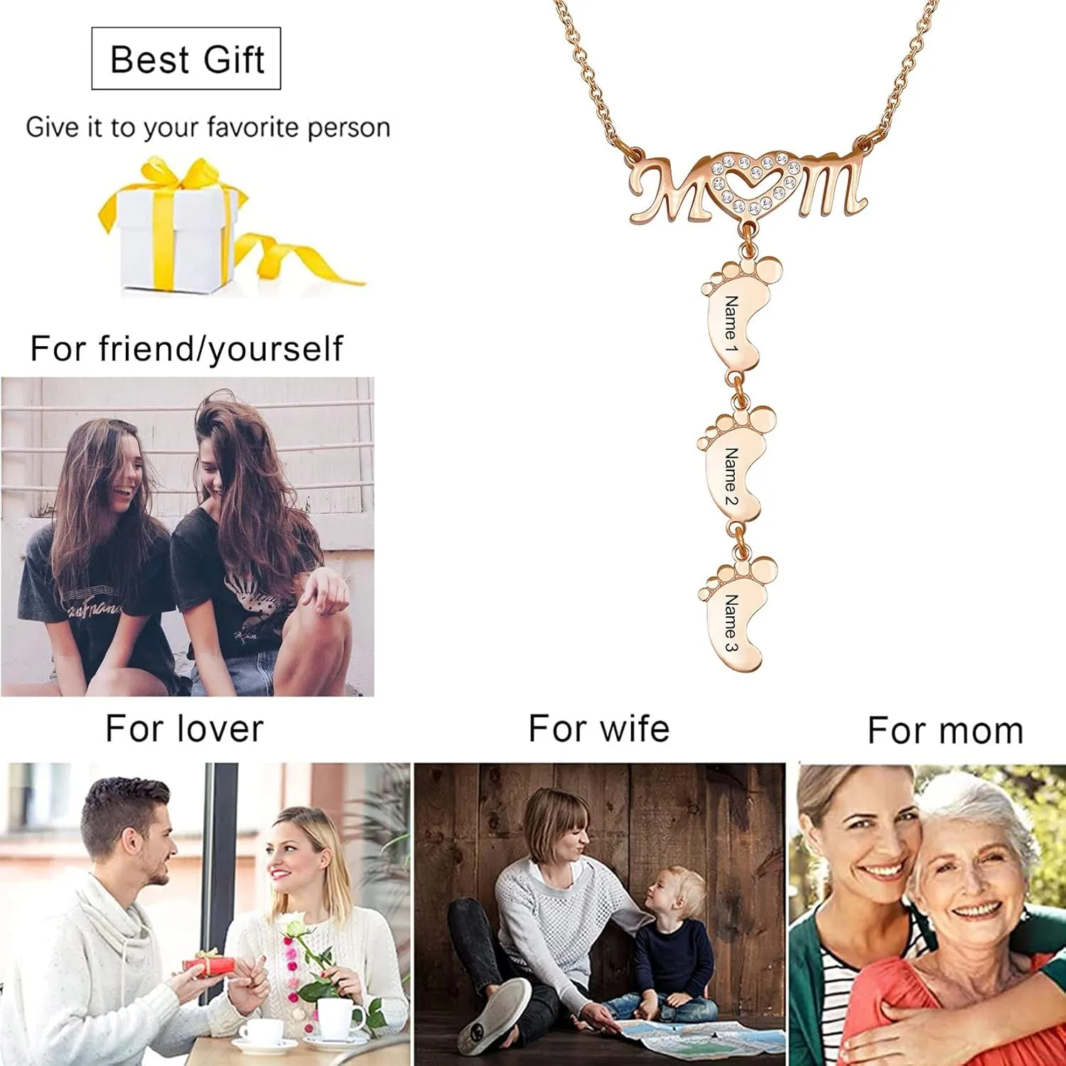 Custom Personalized Mom Heart Symbol Pendant Necklace with Child Name Feet Charms Necklace Customize Engraved Name Baby Feet Pendant Necklace Gifts for Wife Women Mother