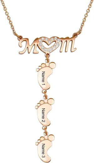 Custom Personalized Mom Heart Symbol Pendant Necklace with Child Name Feet Charms Necklace Customize Engraved Name Baby Feet Pendant Necklace Gifts for Wife Women Mother