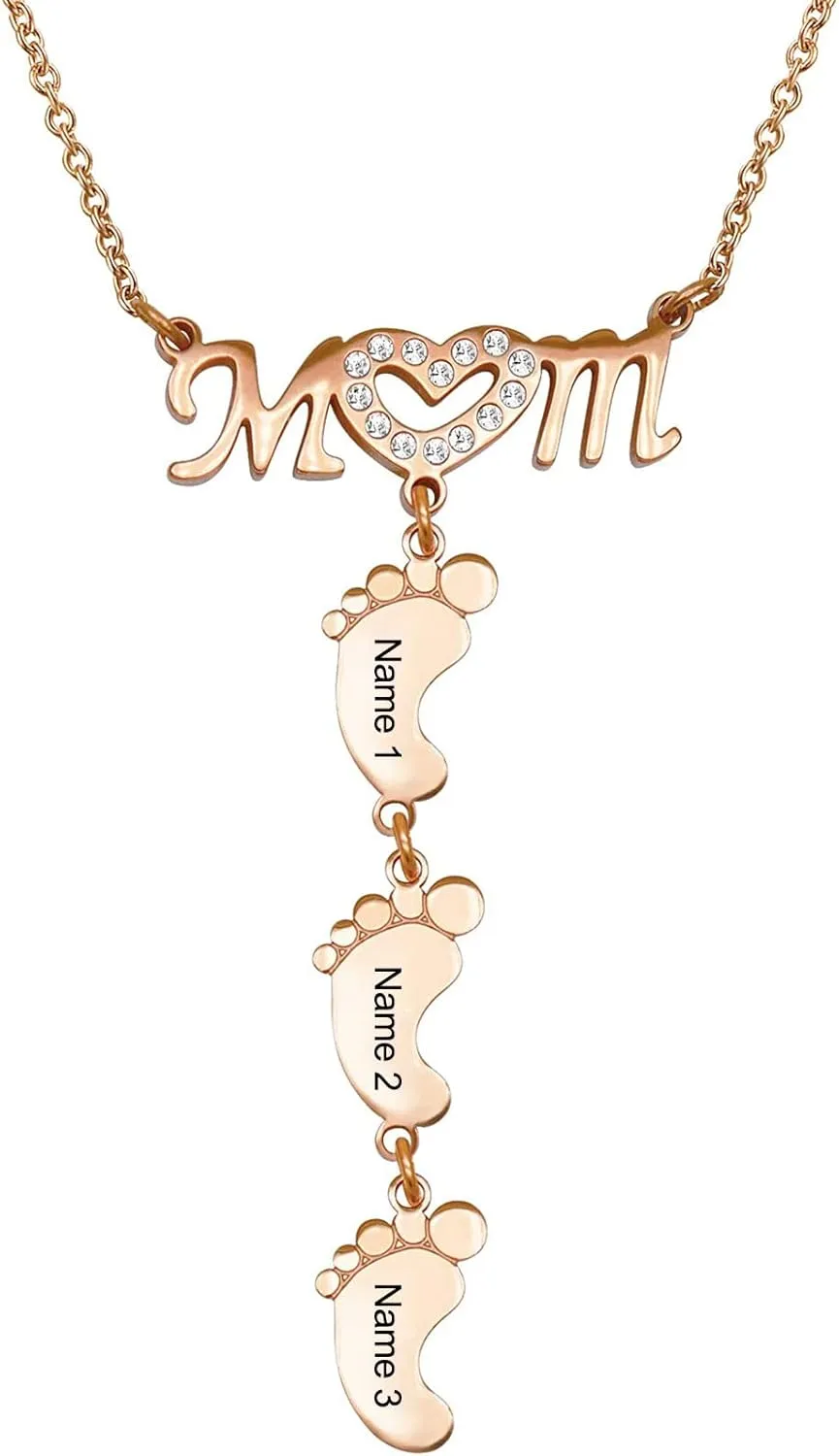 Custom Personalized Mom Heart Symbol Pendant Necklace with Child Name Feet Charms Necklace Customize Engraved Name Baby Feet Pendant Necklace Gifts for Wife Women Mother