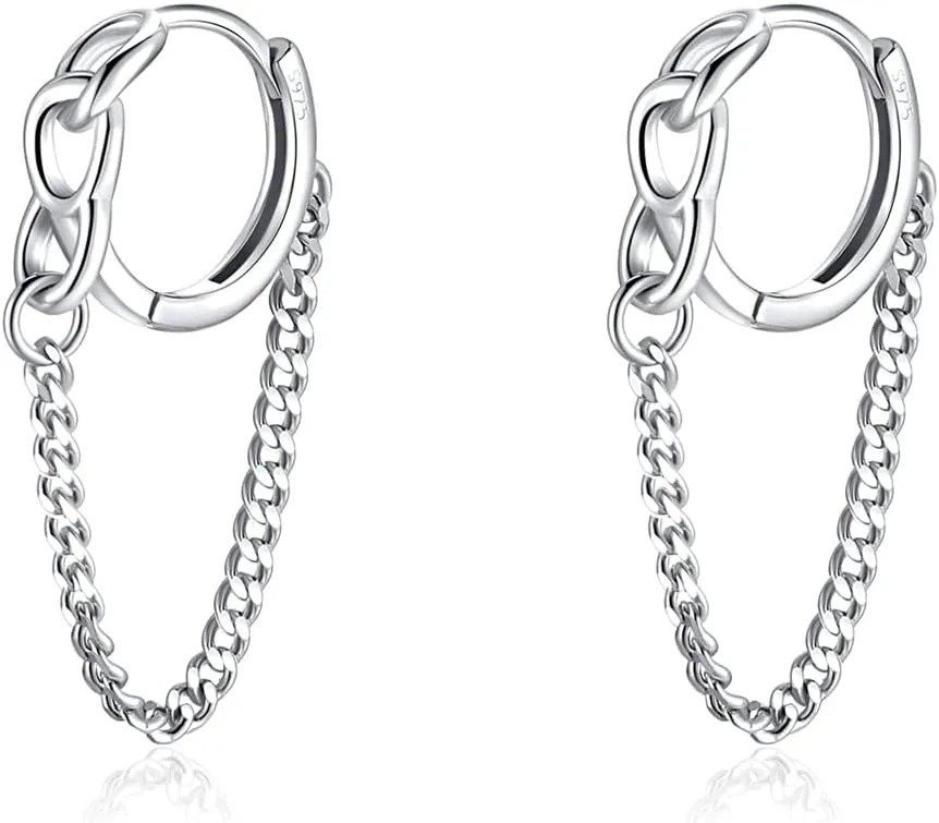 Cute Dainty 10MM Small Minimalist Tassel Chain Link Drop Dangle Huggie Hoop Earrings 925 Sterling Silver Gold Plated Hinged Sleeper