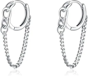 Cute Dainty 10MM Small Minimalist Tassel Chain Link Drop Dangle Huggie Hoop Earrings 925 Sterling Silver Gold Plated Hinged Sleeper