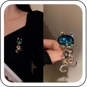 Cute Rhinestone Cat Brooch Sparkly Gem Kitty Elegant Crystal Kitten Animal Lapel Pin Vintage Corsage Clothing Decor Badges Accessories Jewelry for Women