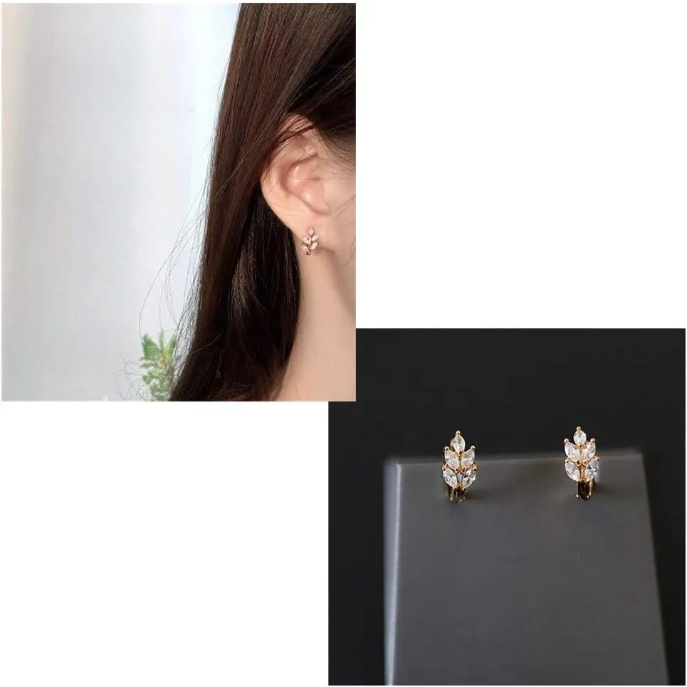 CZ Leaf Cartilage Huggie Small Hoop Earrings for Women Girls 925 Sterling Silver Cubic Zirconia Cluster Leaves Round Studs Tragus Pierced Ear Endless Hoops 8mm