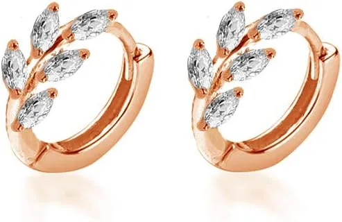 CZ Leaf Cartilage Huggie Small Hoop Earrings for Women Girls 925 Sterling Silver Cubic Zirconia Cluster Leaves Round Studs Tragus Pierced Ear Endless Hoops 8mm