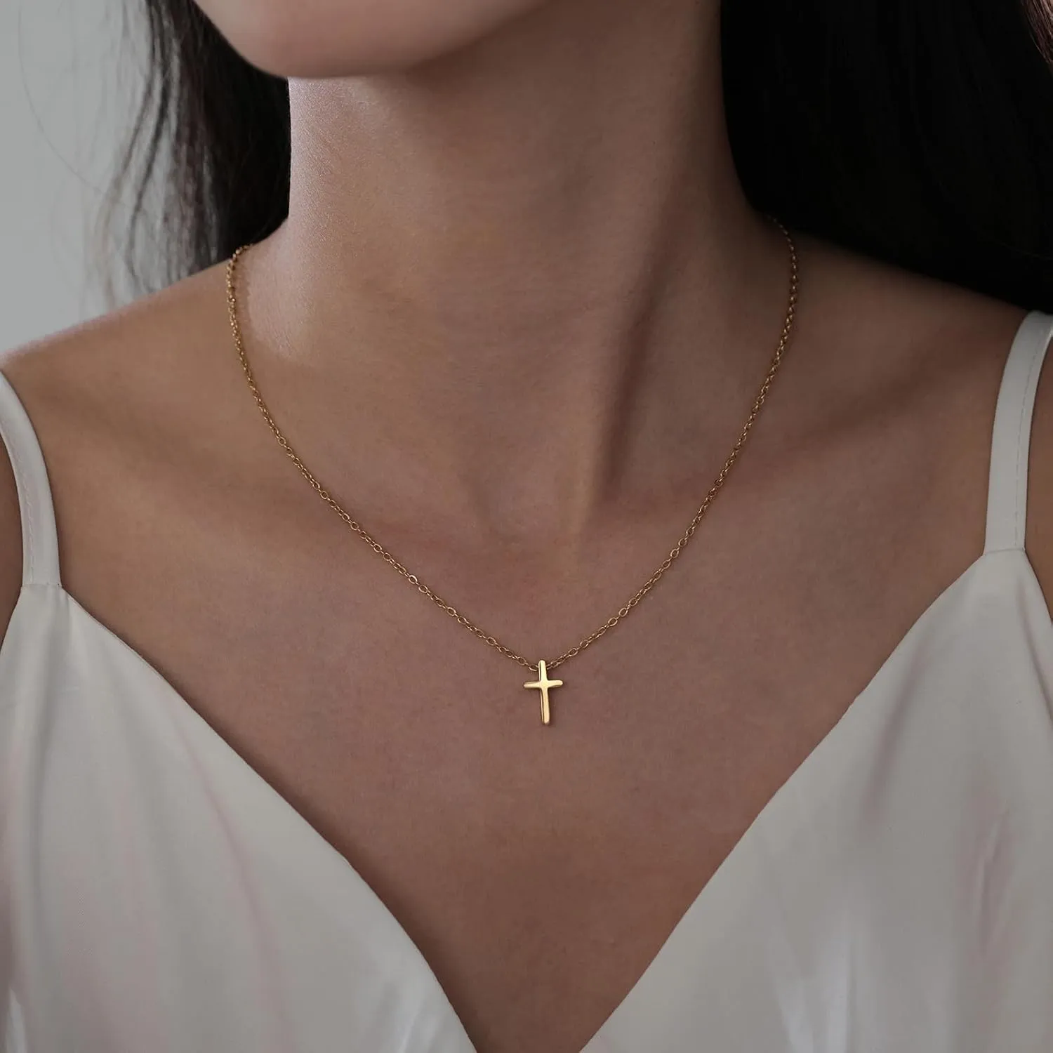 Dainty Cross Necklace for Women,Dainty Gold Silver Cross Necklace Sideways Cross Necklace Gold Silver Tiny Small Gold Rhinestone Cross Necklace Pendant for Women Girls 14K Gold Plated