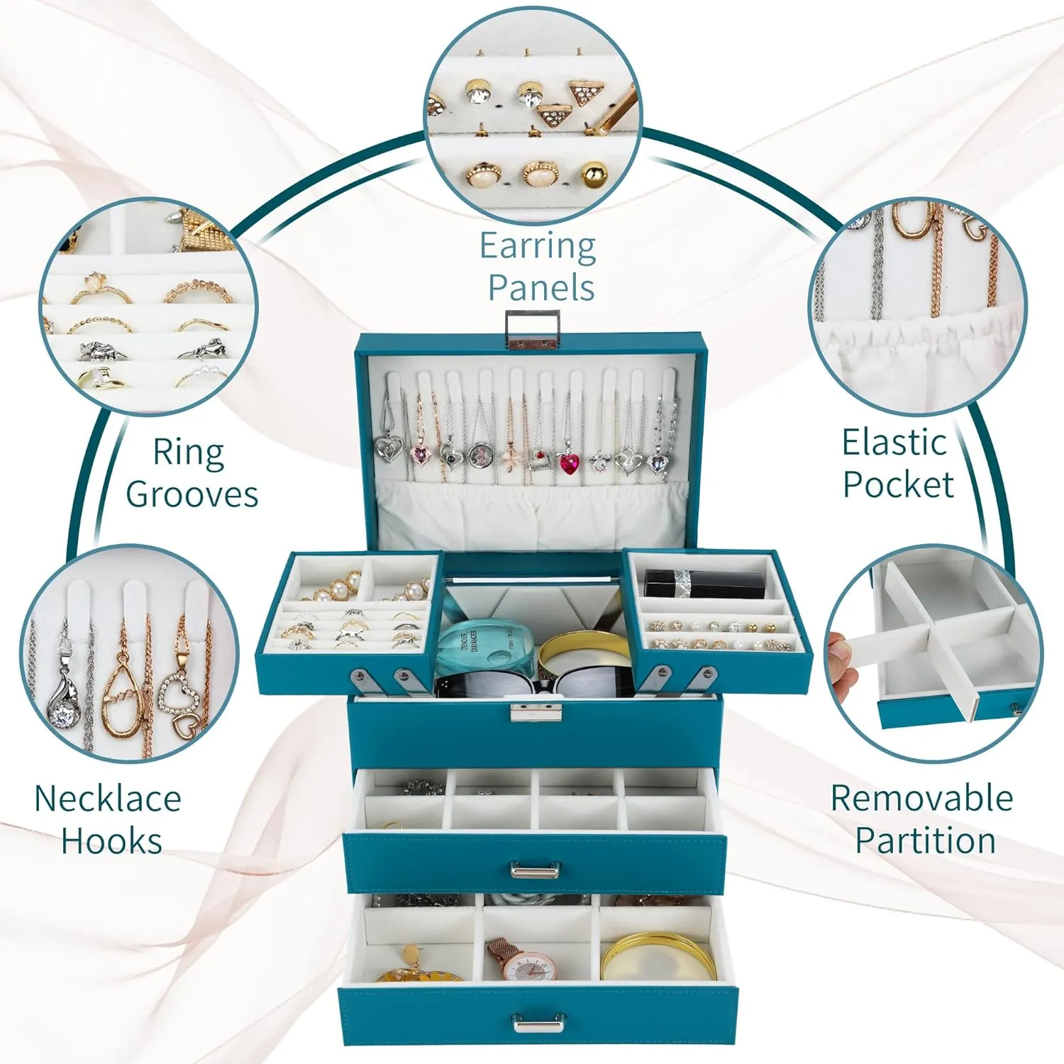 Dajasan Jewelry Box Organizer, Jewelry Holder Organizer Box, 4 Layers Leather Jewelry Storage Box, Gift Idea for Women, Girlfriends, Wife or Mother (Blue)