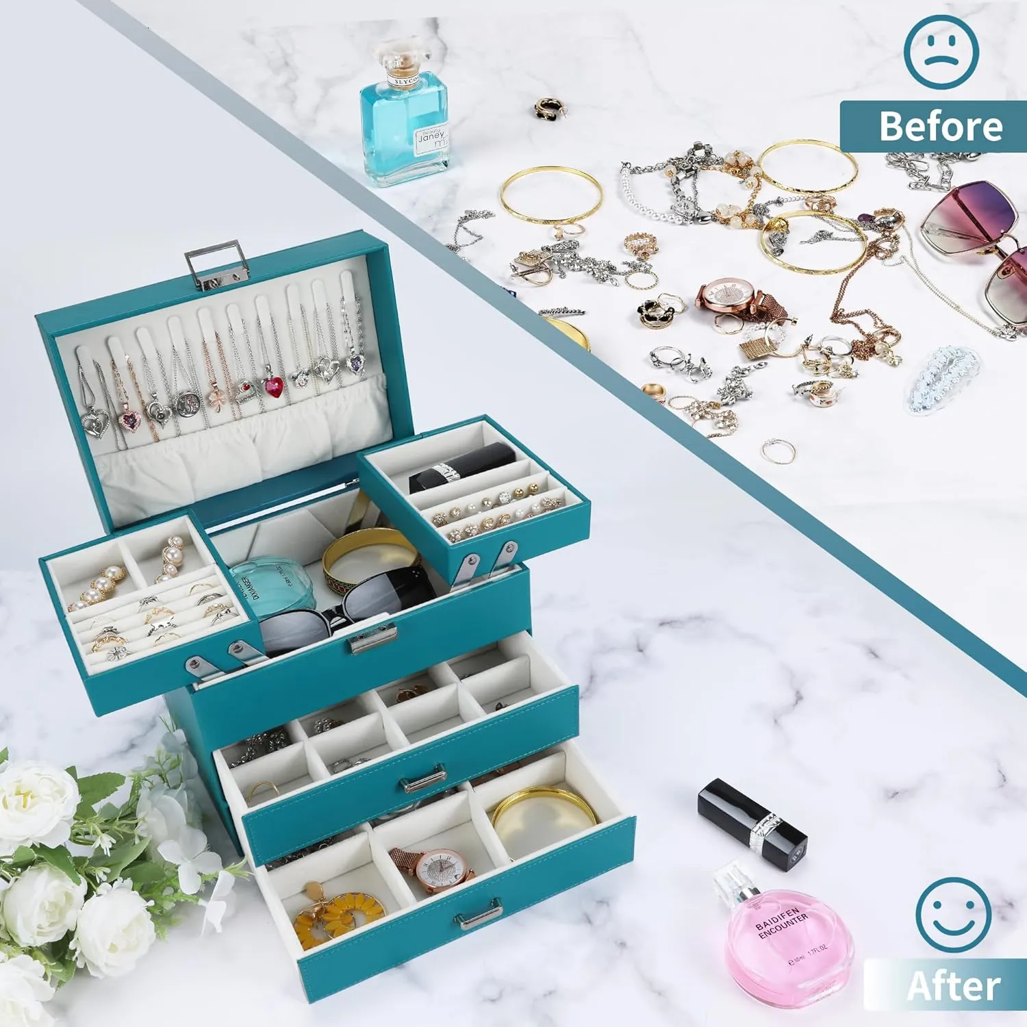 Dajasan Jewelry Box Organizer, Jewelry Holder Organizer Box, 4 Layers Leather Jewelry Storage Box, Gift Idea for Women, Girlfriends, Wife or Mother (Blue)