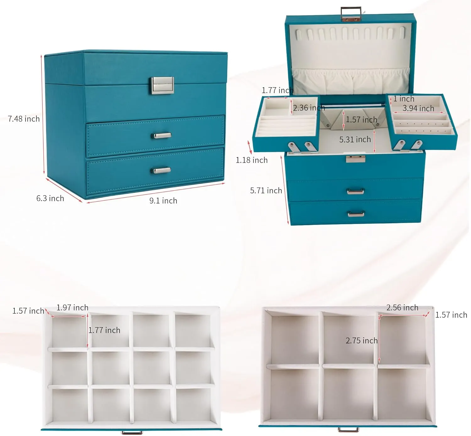 Dajasan Jewelry Box Organizer, Jewelry Holder Organizer Box, 4 Layers Leather Jewelry Storage Box, Gift Idea for Women, Girlfriends, Wife or Mother (Blue)