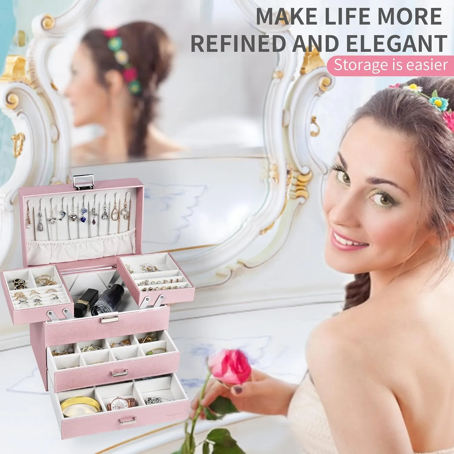 Dajasan Jewelry Boxes for Women Girls, Jewelry Storage Organizer, 4 Layers Large Jewelry Organizer Box with 2 Drawers for Friends, Wife or Mother Gift (Pink)