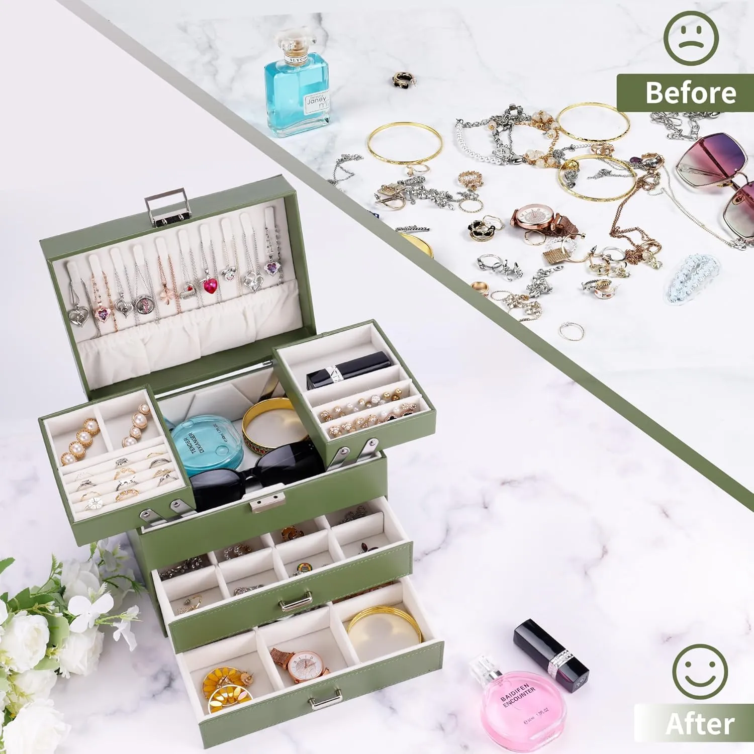 Dajasan Jewelry Organizer Box for Women Girls, Jewelry Holder Organizer, 4 Layers Leather Jewelry Box, Gift Idea for Valentine's Day, Christmas, New Year, Birthdays (Green)