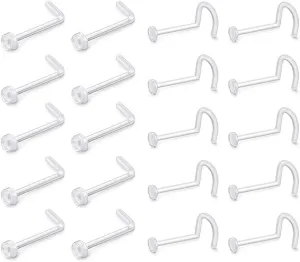 D.Bella Clear Nose Rings: 18G Retainer & 20G Hoop, Flexible Acrylic Piercing Kit for Work & Surgery