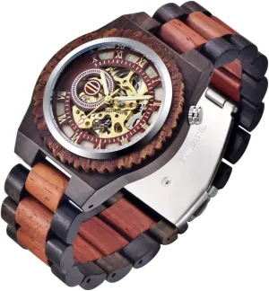 Dentily Men's Wooden Watch Triangle Skeleton Automatic Watch Mechanical Wood Watches for Men