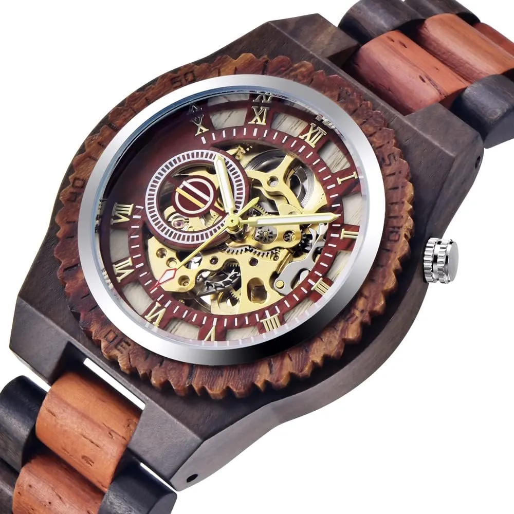 Dentily Men's Wooden Watch Triangle Skeleton Automatic Watch Mechanical Wood Watches for Men