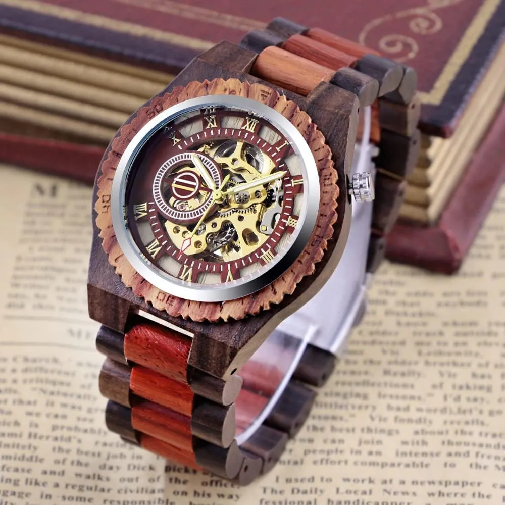 Dentily Men's Wooden Watch Triangle Skeleton Automatic Watch Mechanical Wood Watches for Men