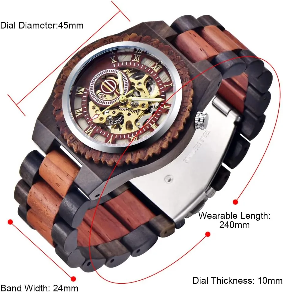 Dentily Men's Wooden Watch Triangle Skeleton Automatic Watch Mechanical Wood Watches for Men