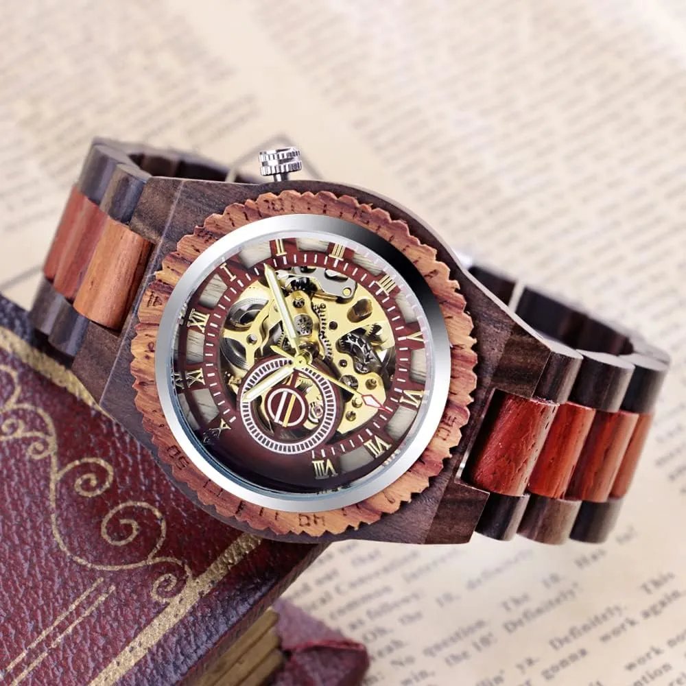Dentily Men's Wooden Watch Triangle Skeleton Automatic Watch Mechanical Wood Watches for Men