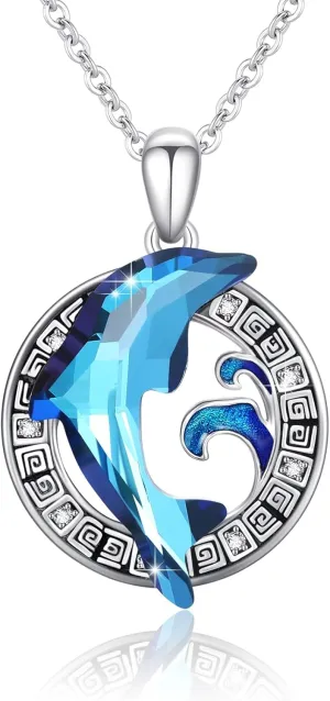Dolphin Necklace for Women 925 Sterling Silver Dolphin Crystal Pendant Necklace Ocean Wave Jewelry Gifts for Women Mother's Day Gifts for Mom
