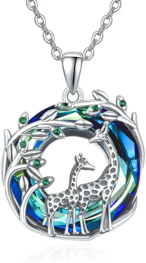 Dreamboat Giraffe Necklace for Women 925 Sterling Silver Tree of Life Family Pendant Crystal Necklace Animal Mother Day Jewelry for Mom