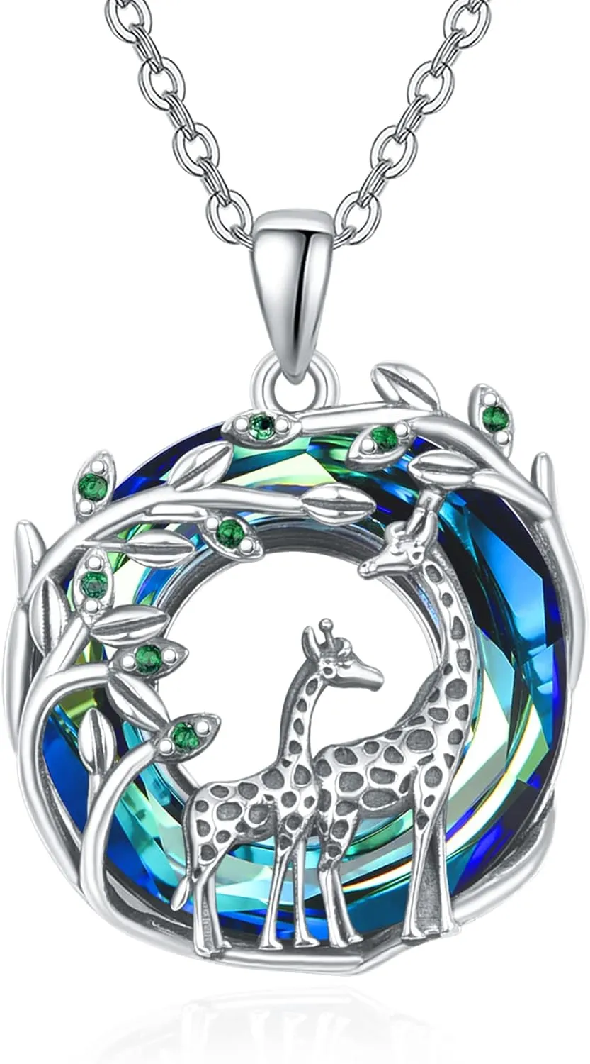 Dreamboat Giraffe Necklace for Women 925 Sterling Silver Tree of Life Family Pendant Crystal Necklace Animal Mother Day Jewelry for Mom