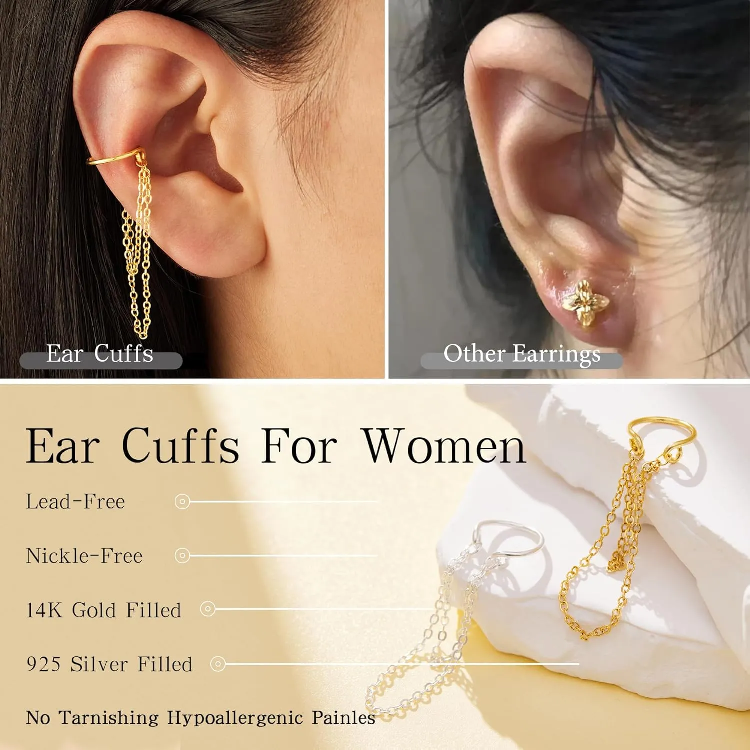 Ear Cuffs for Women Non Piercing 14K Gold Plated 925 Sterling Silver Earrings Fake Piercing Small Hypoallergenic Tiny Dainty Cubic Zirconia Clip on Nose Cartilage Hoop Mother Day Jewelry Gifts for Mom