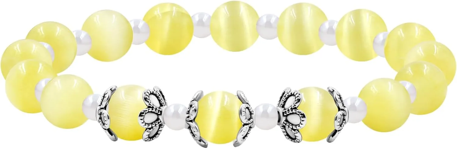 Elegant 8mm Cat's Eye Stone Bracelet and 4mm Glass Beads Stretch Bracelet for Women Men Birthday Christmas and Thanksgiving Jewelry Gift for Dad Wife BFF