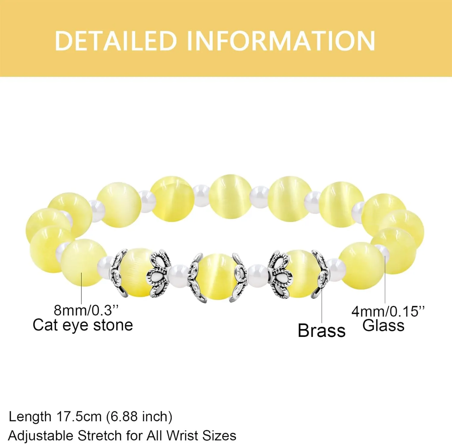 Elegant 8mm Cat's Eye Stone Bracelet and 4mm Glass Beads Stretch Bracelet for Women Men Birthday Christmas and Thanksgiving Jewelry Gift for Dad Wife BFF