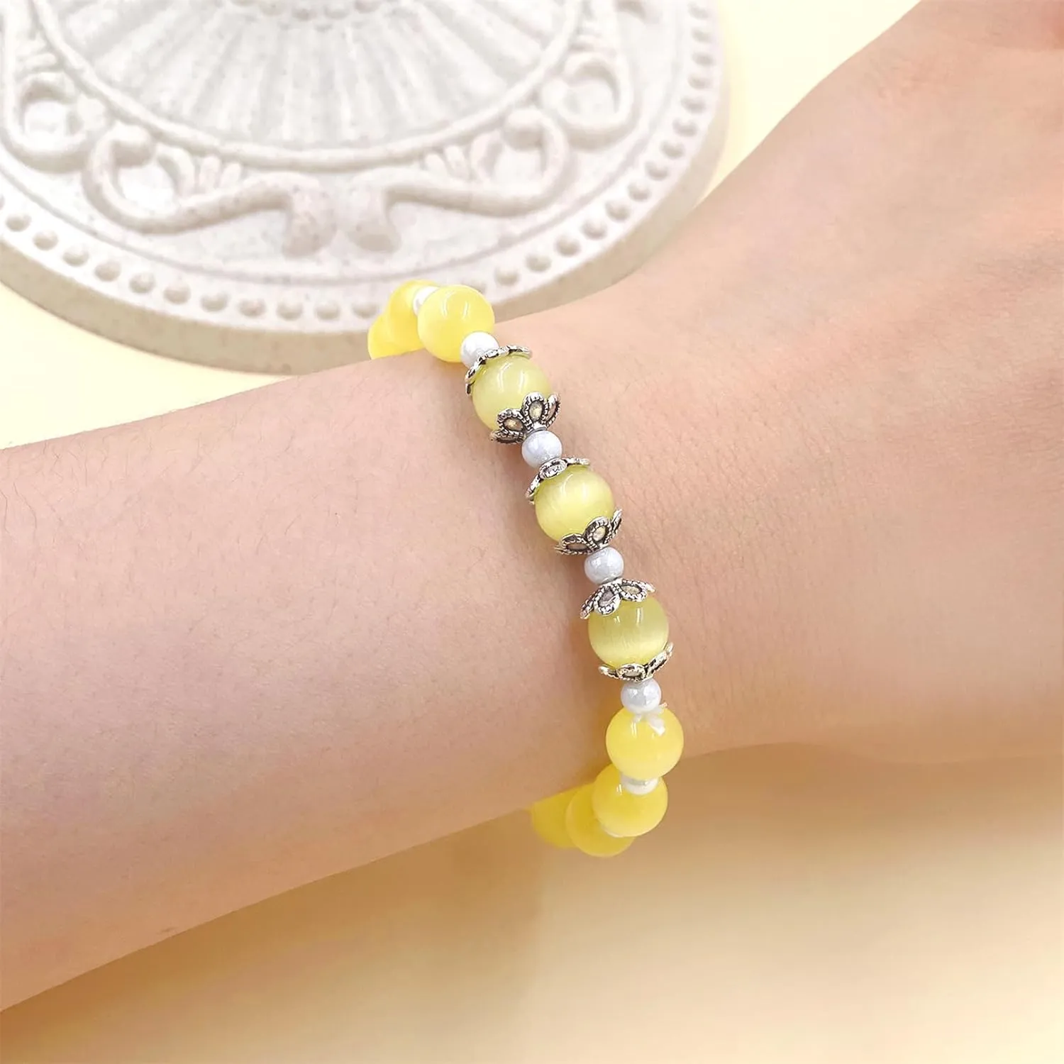 Elegant 8mm Cat's Eye Stone Bracelet and 4mm Glass Beads Stretch Bracelet for Women Men Birthday Christmas and Thanksgiving Jewelry Gift for Dad Wife BFF