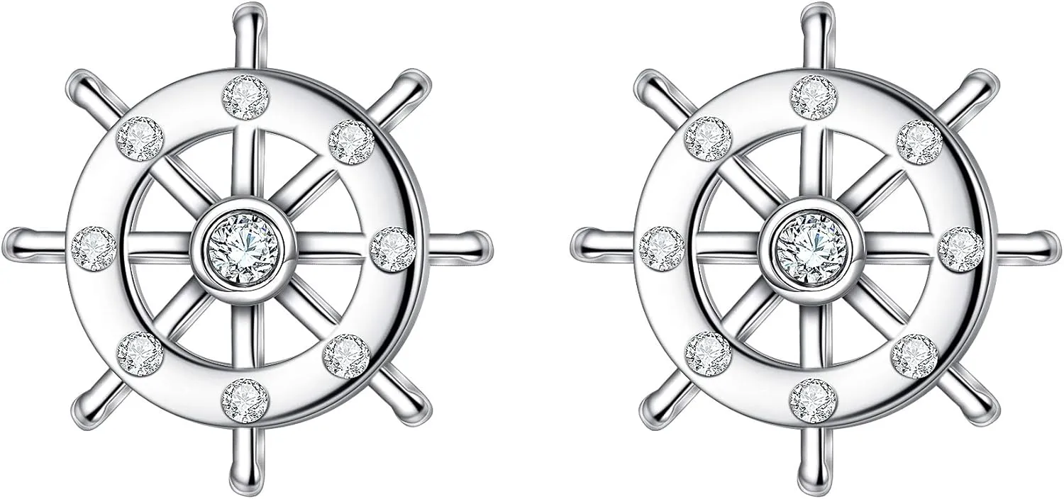 EVER FAITH 925 Sterling Silver CZ Nautical Ship Wheel Daily Stud Earrings Clear