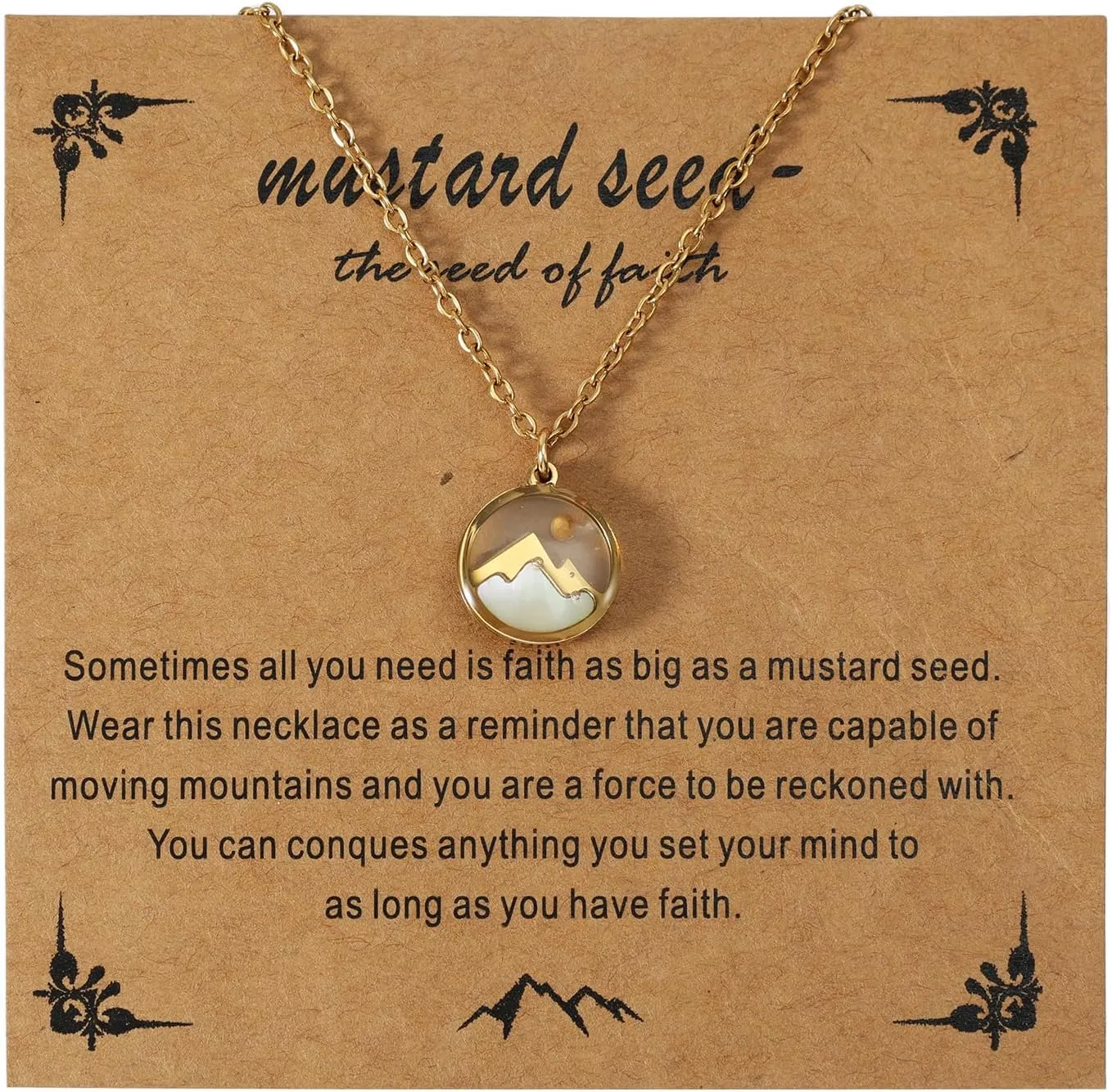 Faith Necklace for Women, Gold Mountain and Mustard Seed Pendant Necklace Religious Christian Jewelry Gift for Mom Friends Grandma