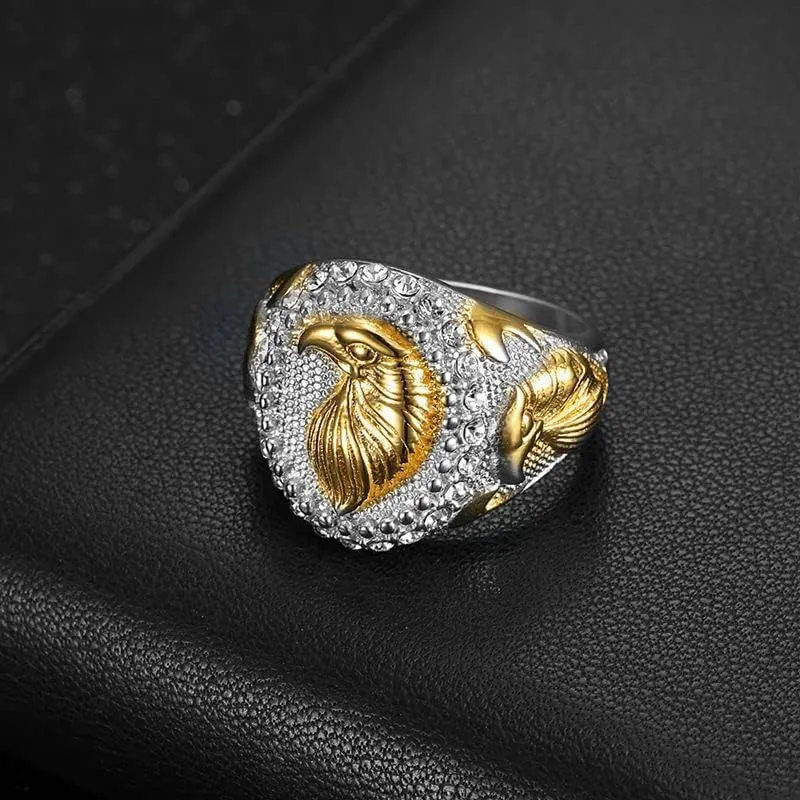 Fanshu Stainless Steel Eagle Head Gold Rings for Men Women Couple Friends Gift Hip Hop Fashion Jewelry Accessories