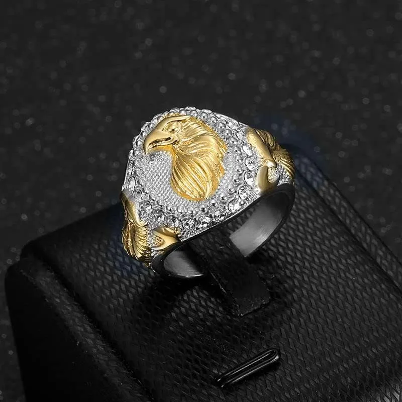 Fanshu Stainless Steel Eagle Head Gold Rings for Men Women Couple Friends Gift Hip Hop Fashion Jewelry Accessories