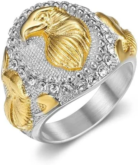 Fanshu Stainless Steel Eagle Head Gold Rings for Men Women Couple Friends Gift Hip Hop Fashion Jewelry Accessories