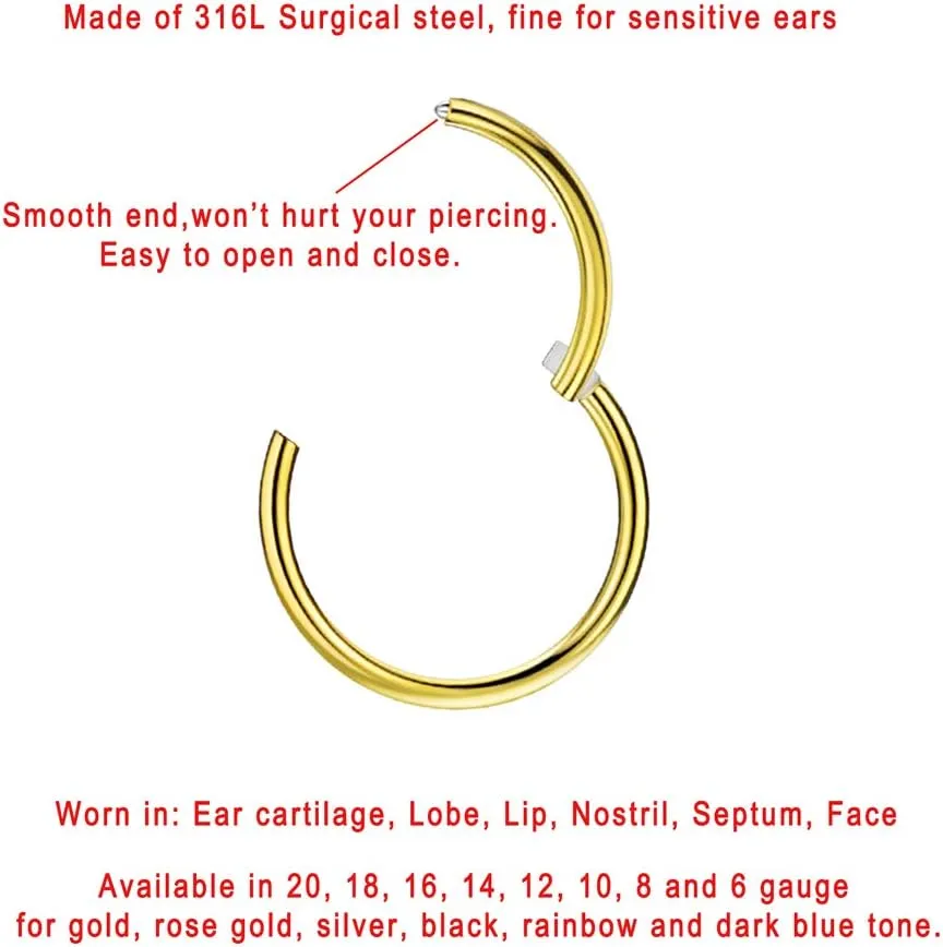 FANSING Men Women 316L Surgical Steel Hinged Nose Rings Hoop for Nostril Septum Cartilage Helix Daith Tragus Rook Conch Lip Ear Lobe Piercings