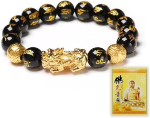 Feng Shui BraceletFengShui Wealth and Luck Bracelet 12mm Black Obsidian Elastic Prosperity Buddha Beads Prayer Bracelets for Women Men Jewelry