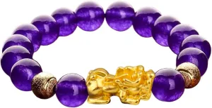 Feng Shui Pixiu Bracelet Vietnamese Gold Pi Yao Wealth Bracelet Purple Agate Chalcedony Beaded Crystal Bracelet Lucky Charm Talisman for Money Luck Windfall Love Romance Prospertity,10mm