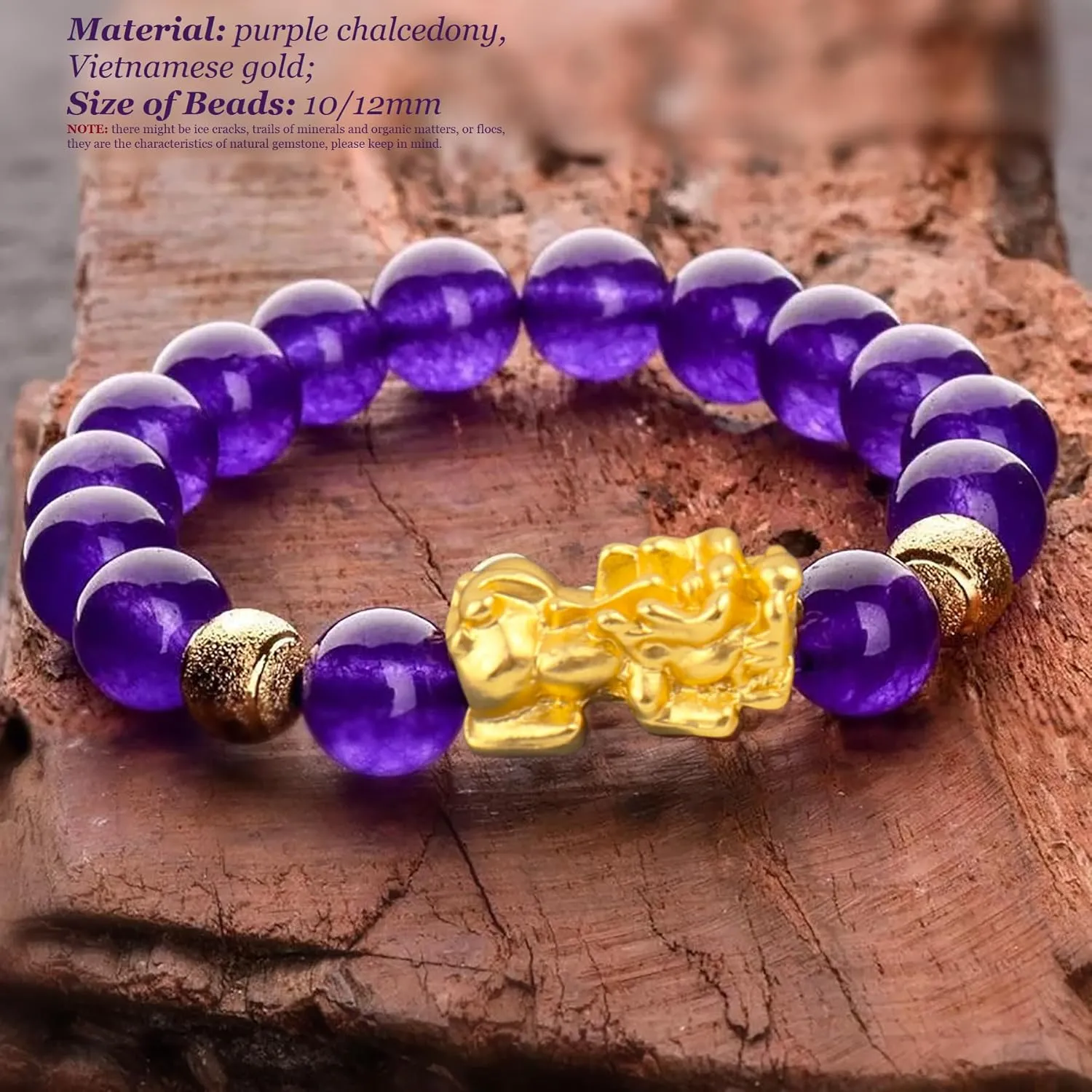 Feng Shui Pixiu Bracelet Vietnamese Gold Pi Yao Wealth Bracelet Purple Agate Chalcedony Beaded Crystal Bracelet Lucky Charm Talisman for Money Luck Windfall Love Romance Prospertity,10mm