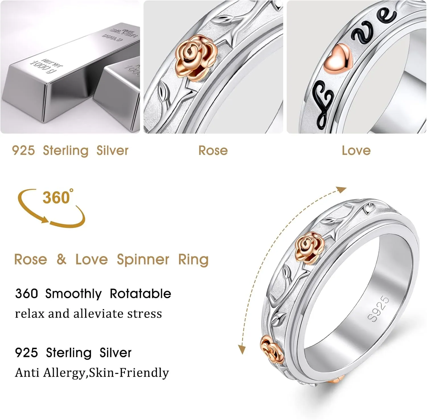 Fidget Ring 925 Sterling Silver Anxiety Relieve Spinner Rings Rose Flower Sunflower Band Ring ADHD Autism Stress Relieving for Women Men
