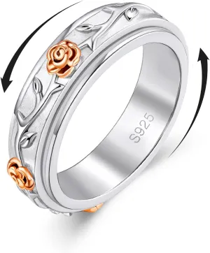 Fidget Ring 925 Sterling Silver Anxiety Relieve Spinner Rings Rose Flower Sunflower Band Ring ADHD Autism Stress Relieving for Women Men