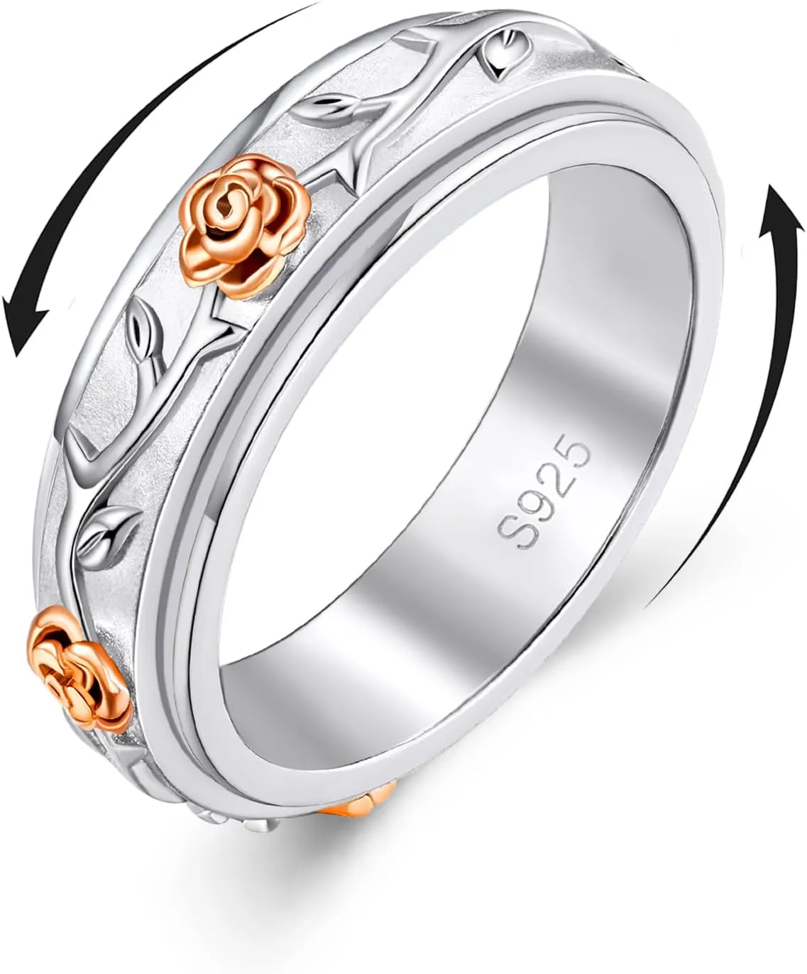 Fidget Ring 925 Sterling Silver Anxiety Relieve Spinner Rings Rose Flower Sunflower Band Ring ADHD Autism Stress Relieving for Women Men