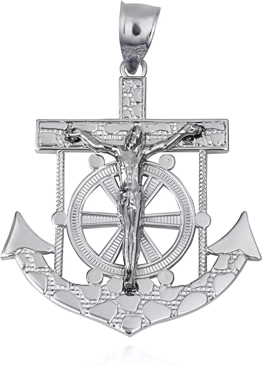 Fine Sterling Silver Mariners Anchor Jesus Cross Crucifix Nugget Pendant (Size Small/Medium/Large)