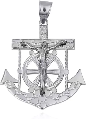 Fine Sterling Silver Mariners Anchor Jesus Cross Crucifix Nugget Pendant (Size Small/Medium/Large)