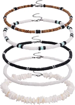 FIRAZIO 5pcs Puka Shell Necklace - Summer Beach Surfer & Hawaiian Necklace for Men & Women - White Beach Jewelry