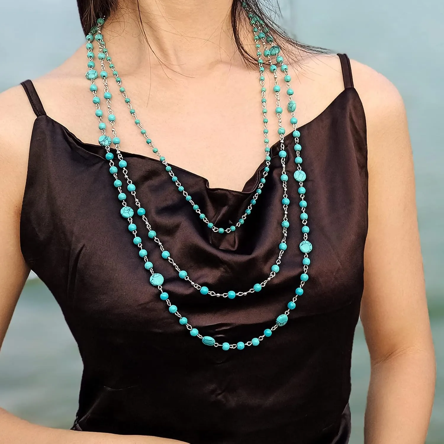 Firstmeet Long Chain Multi Layer Fashion Glass Beads Handmade Necklace for Women