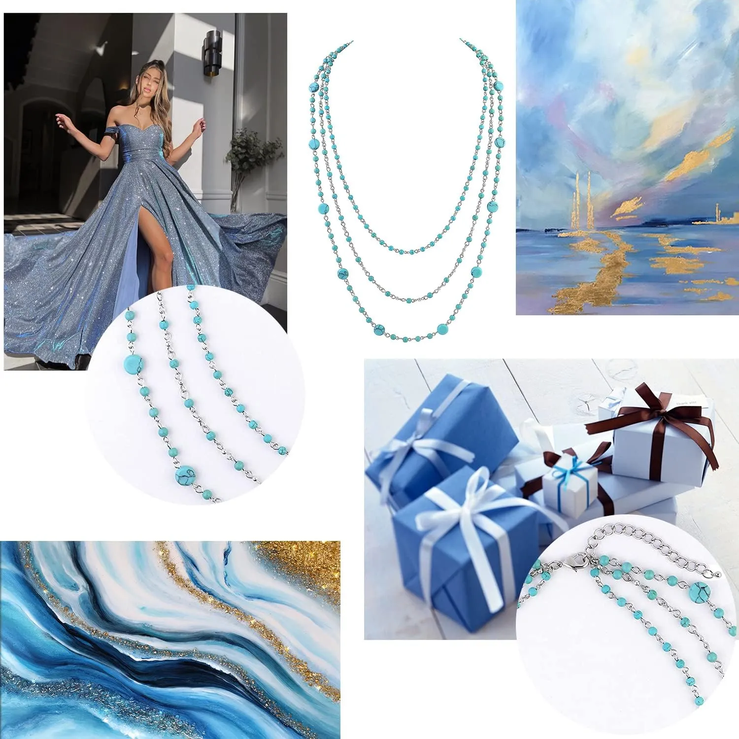 Firstmeet Long Chain Multi Layer Fashion Glass Beads Handmade Necklace for Women