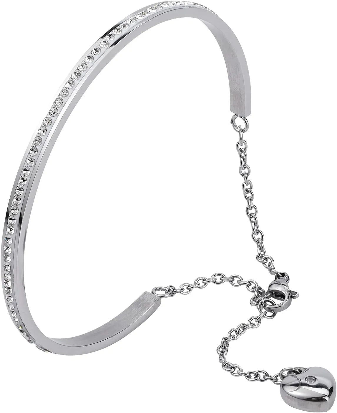 Five Rock Style Beautiful Stainless Steel Silver Adjustable Heart Dangle Clasp Bracelet Bangle in Gift Box, Jewelry for Women, with Select Crystals