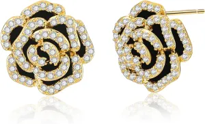 Flower Earrings Cubic Zirconia - Gold Hoop Stud Earring Trendy 18K Gold Plated - Lightweight Hypoallergenic Jewelry for Women (Black Flower 3)